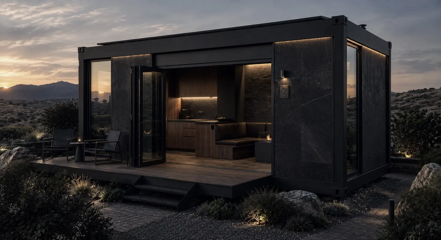 Módulo habitacional prefabricado al atardecer